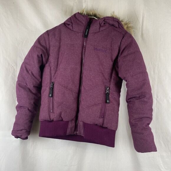 Marmot Kids Winter Coat Purple Puffer Removeable Fur Hood Size Small - Picture 1 of 6